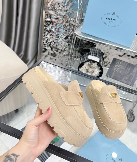 Prada Suede Closed Toe Slides with Geometric Heel