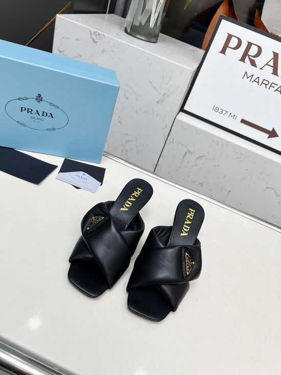 Prada Low Heel Elegant Slip On Mules with Soft Leather Upper