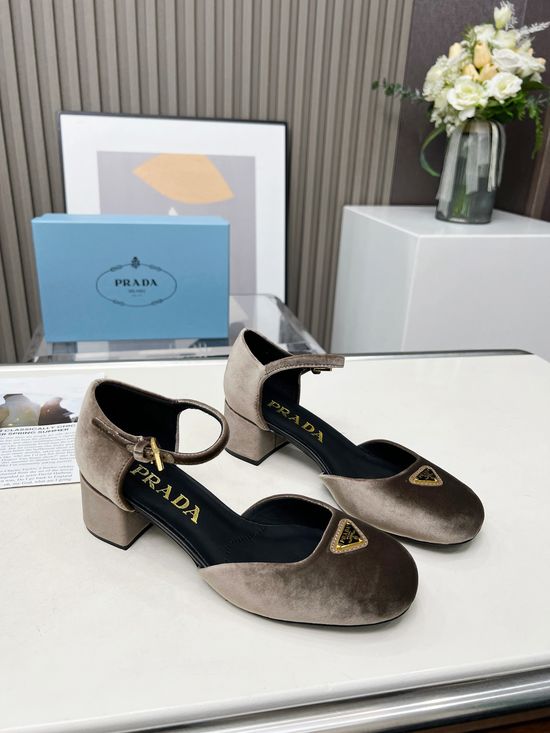 Prada Chunky Heel Round Toe Buckle Strap Comfortable Pumps
