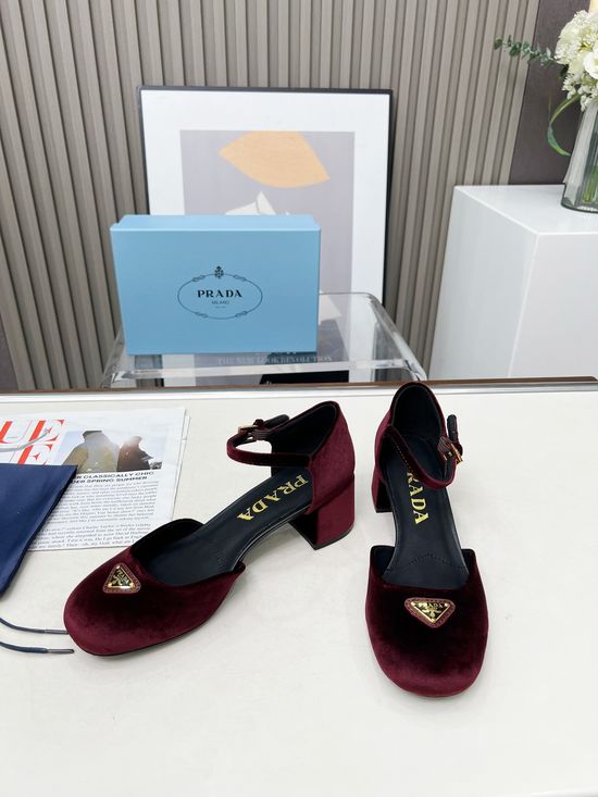 Prada Chunky Heel Round Toe Buckle Strap Comfortable Pumps