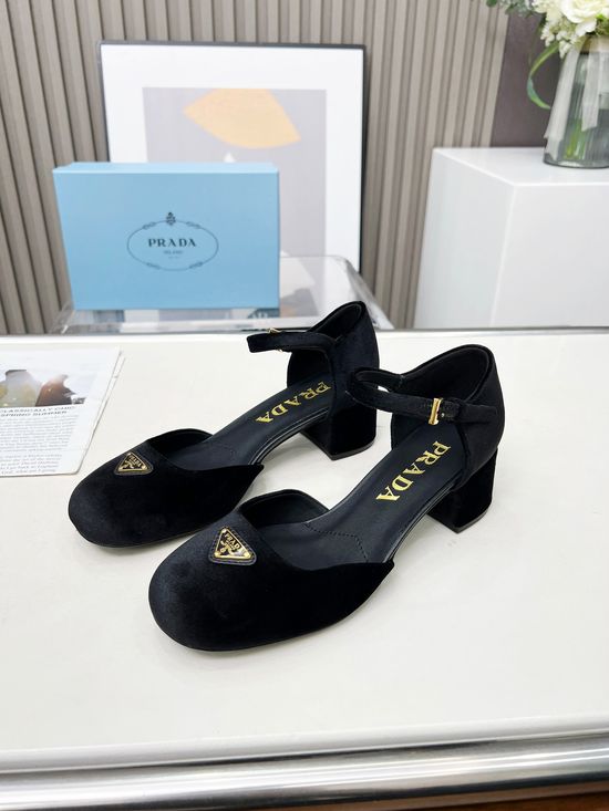 Prada Chunky Heel Round Toe Buckle Strap Comfortable Pumps