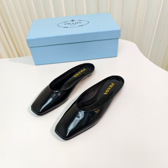 Prada Flat Square Toe Patent Leather Slingback Mules