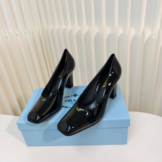 Prada Chunky Heel Square Toe Patent Leather Pumps