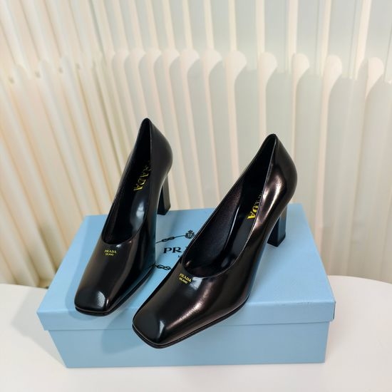 Prada Chunky Heel Square Toe Patent Leather Pumps