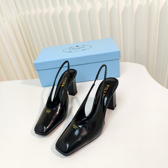 Prada Chunky Heel Square Toe Patent Leather Slingback Sandals