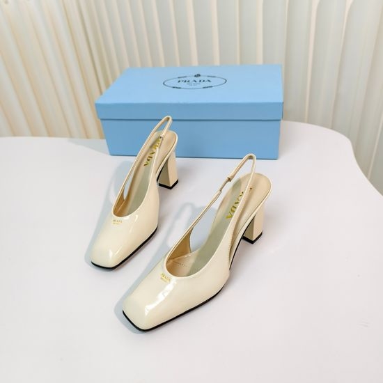 Prada Chunky Heel Square Toe Patent Leather Slingback Sandals