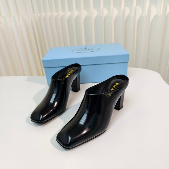 Prada Square Toe Block Heel Backless Slip On Sandals