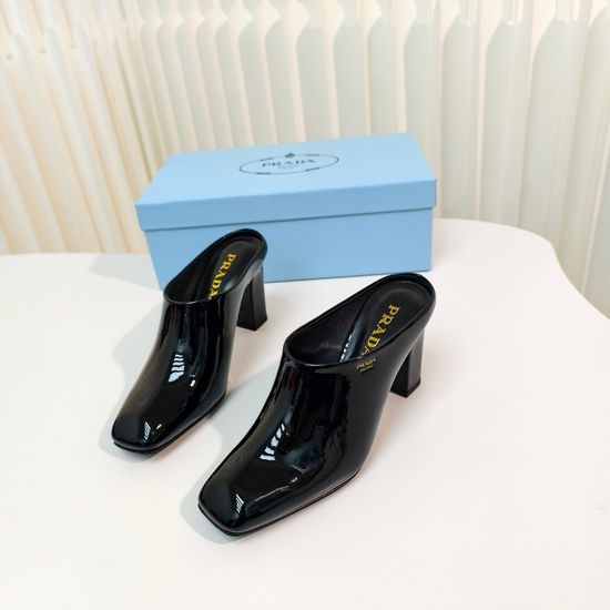 Prada Square Toe Block Heel Backless Slip On Sandals