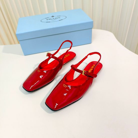 Prada Flat Square Toe Patent Leather Slingback Pumps