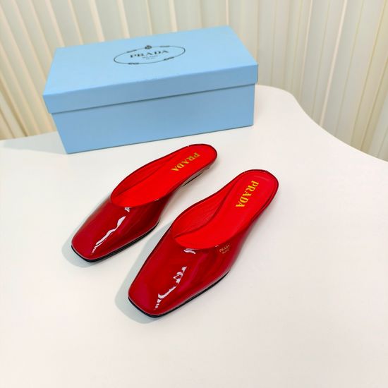 Prada Flat Square Toe Patent Leather Slingback Mules