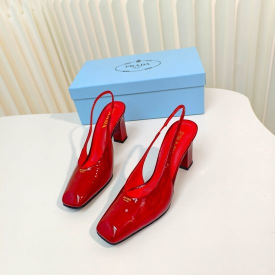 Prada Chunky Heel Square Toe Patent Leather Slingback Sandals