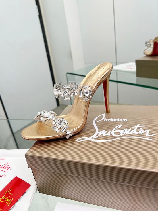 Christian Louboutine Crystal Inlaid Transparent Strap High Heel Slides