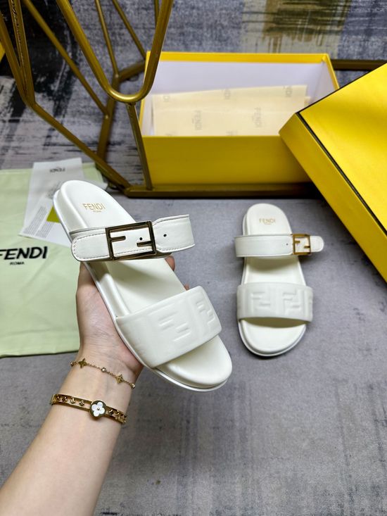 Fendi Dual Strap Embossed Pattern Flat Slide Sandals