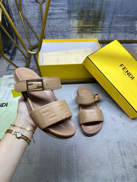 Fendi Dual Strap Embossed Pattern Flat Slide Sandals