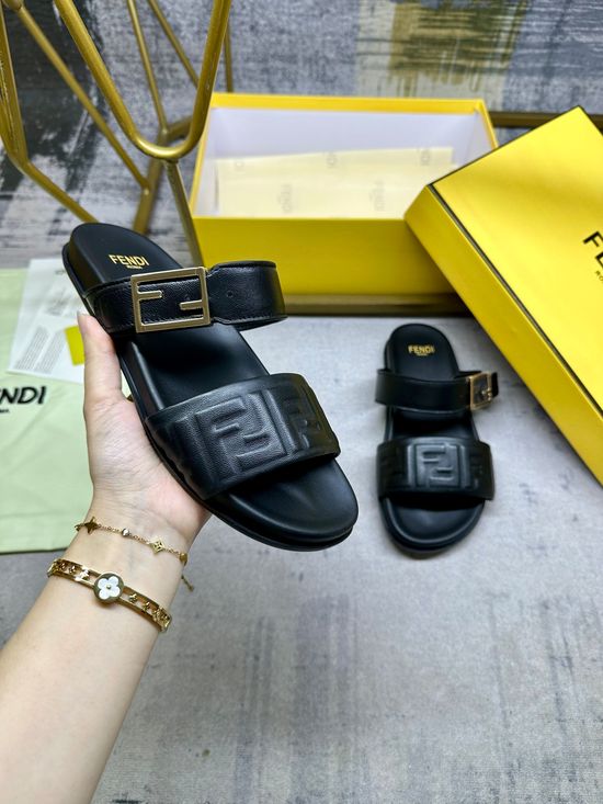 Fendi Dual Strap Embossed Pattern Flat Slide Sandals