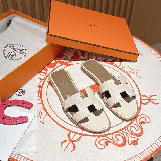 Hermes Milkshake White Flat Heel Calfskin Leather Sandals