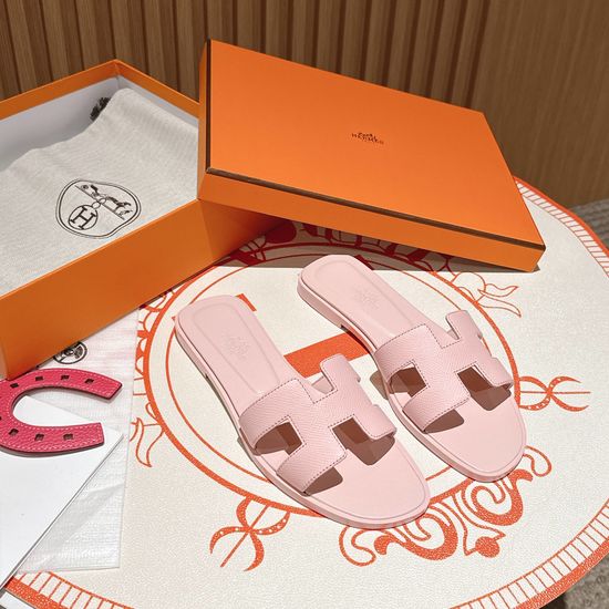 Hermes Ceramic Powder Flat Heel Calfskin Upper Sandals