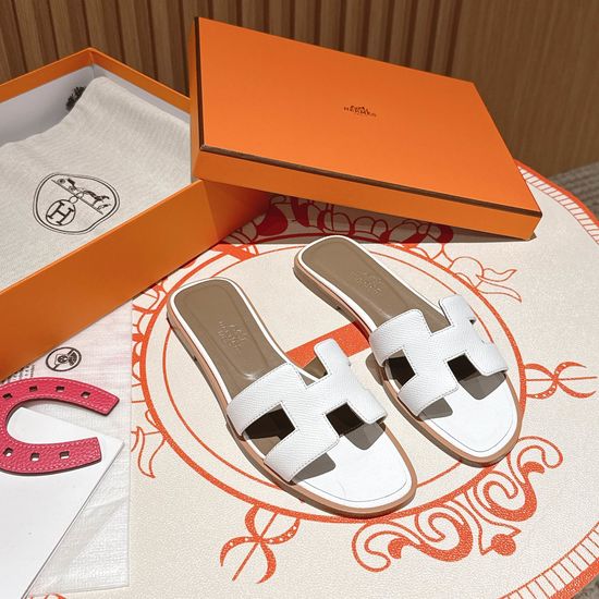 Hermes White Palmprint Flat Heel Calfskin Leather Sandals