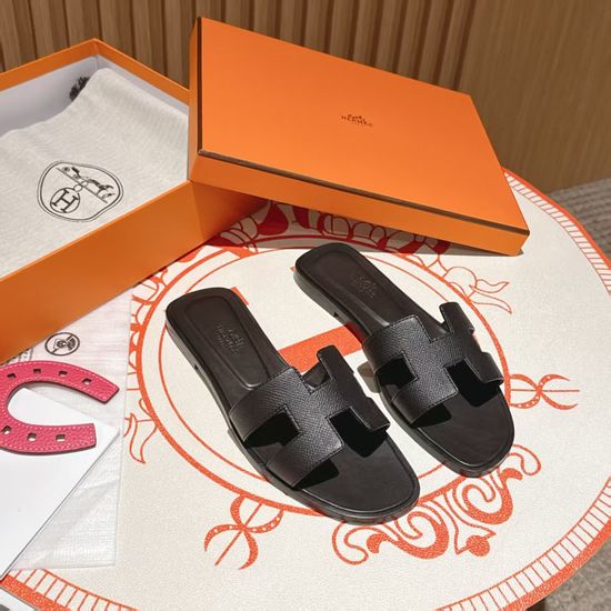 Hermes Black Flat Heel Calfskin Leather Sandals