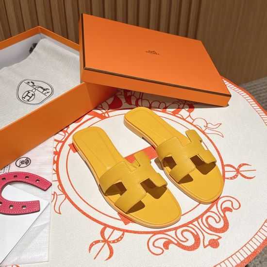 Hermes Gravelly Yellow Flat Heel Calfskin Leather Sandals