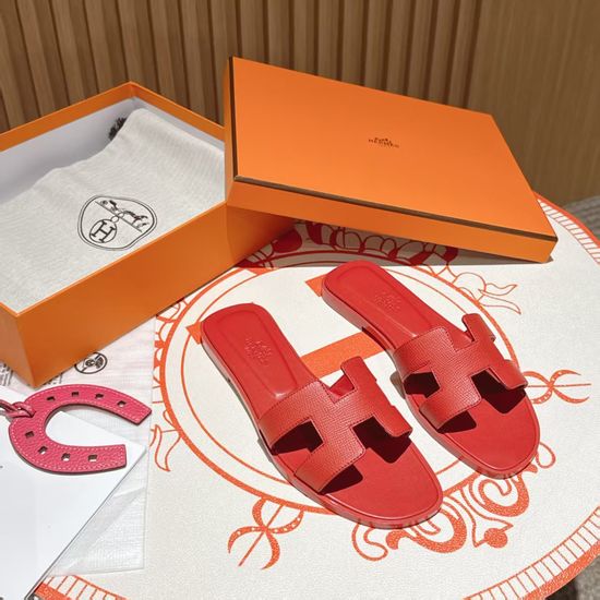 Hermes Chinese Red Flat Heel Palmprint Calfskin Sandals