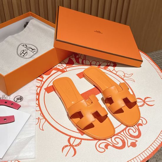 Hermes Bright Orange Flat Heel Calfskin Leather Sandals