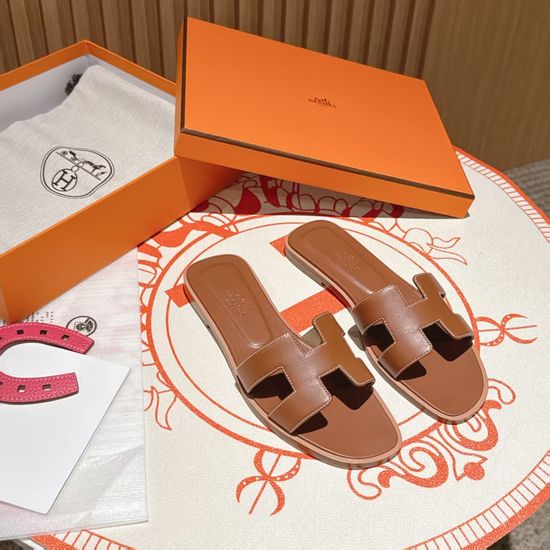 Hermes Dark Brown Flat Heel Calfskin Upper Sandals