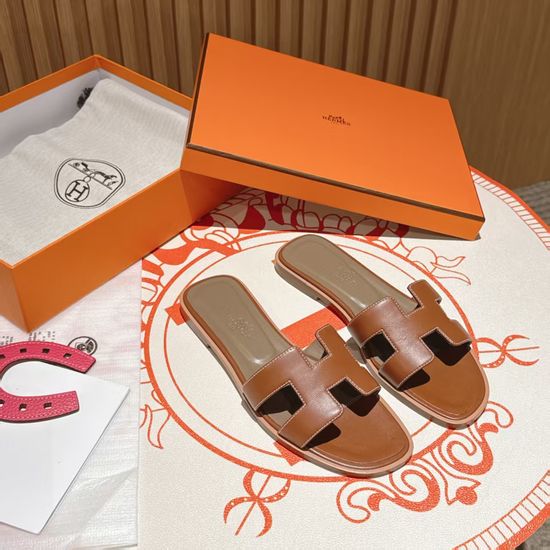 Hermes Dark Brown Flat Heel Calfskin Leather Sandals