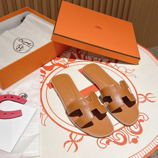 Hermes Golden Brown Flat Heel Calfskin Leather Sandals