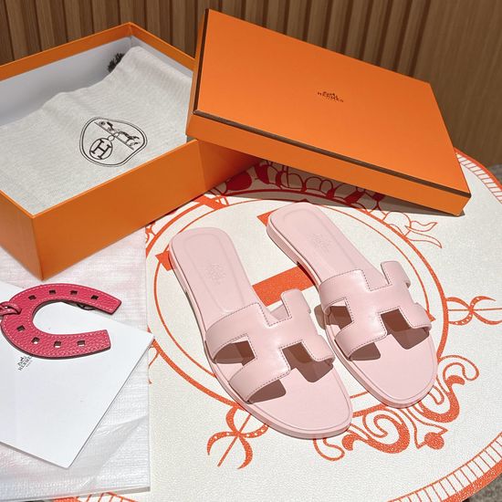 Hermes Petal Pink Flat Heel Calfskin Leather Sandals