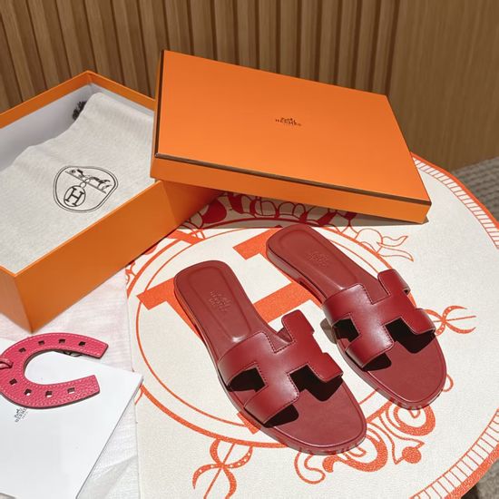 Hermes Saddle Red Calfskin Flat Heel Slide Sandals