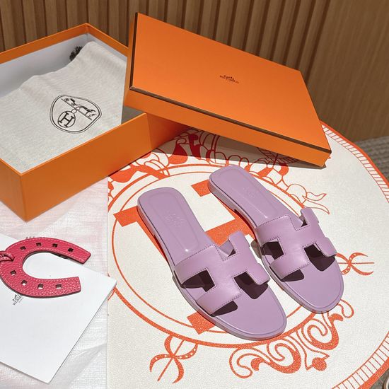 Hermes Purple Flat Heel Calfskin Leather Sandals