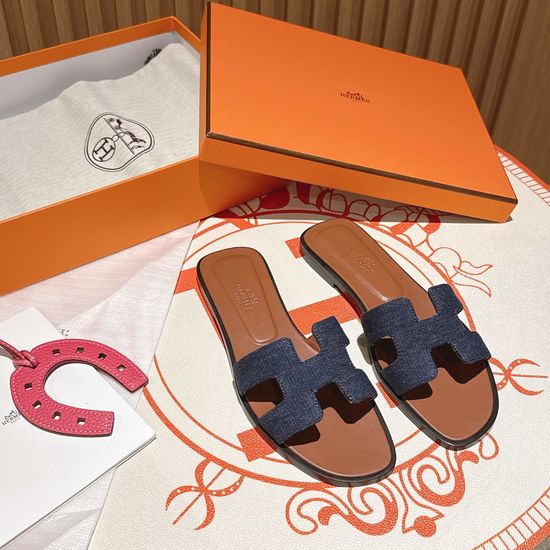 Hermes Dark Blue Denim Mid Heel Calfskin Leather Sandals