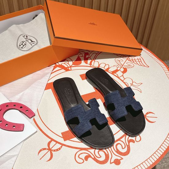 Hermes Dark Blue Denim Flat Heel Calfskin Sandals Dermal Outsole