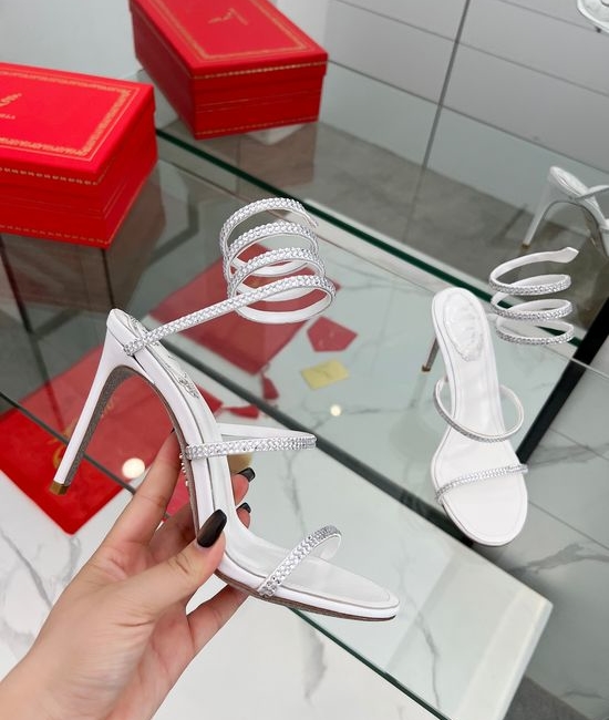 Rene Caovilla Elegant Rhinestone Ankle Wrap Heeled Sandals Premium Quality