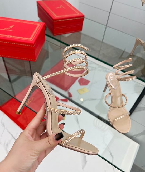 Rene Caovilla Elegant Rhinestone Ankle Wrap Heeled Sandals Premium Quality