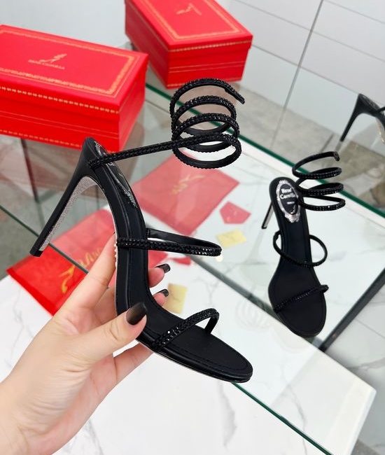 Rene Caovilla Elegant Rhinestone Ankle Wrap Heeled Sandals Premium Quality