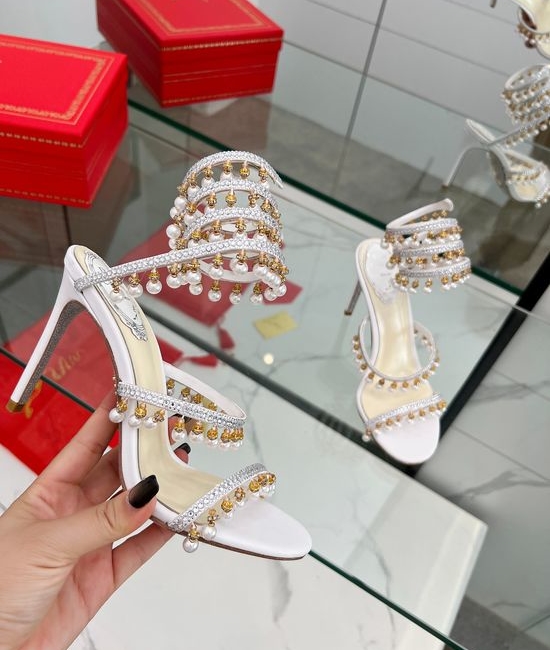 Rene Caovilla Crystal Pearl Ankle Strap Stiletto Sandals with Silk Upper