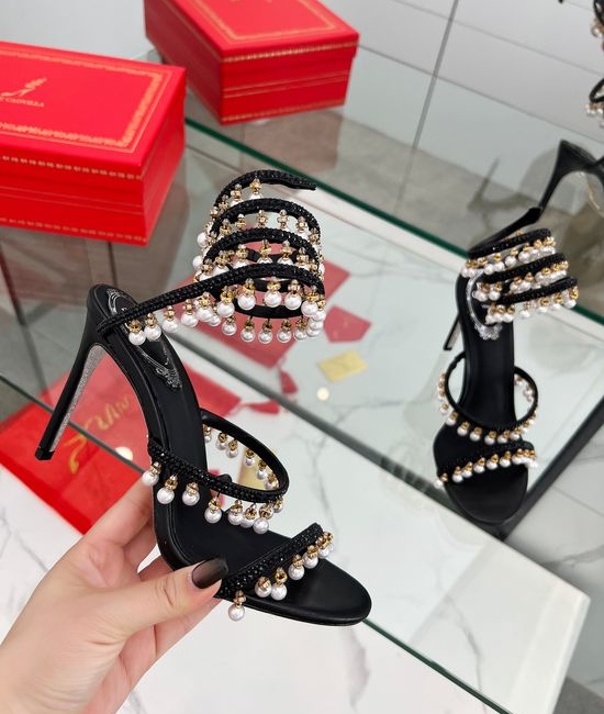 Rene Caovilla Crystal Pearl Ankle Strap Stiletto Sandals with Silk Upper