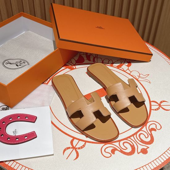 Hermes Clay Beige Flat Heel Calfskin Leather Sandals