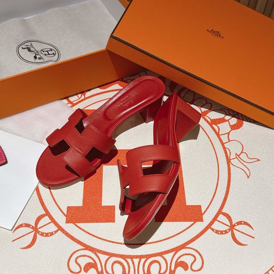 Hermes Chinese Red Middle Heel Calfskin Upper Sandals