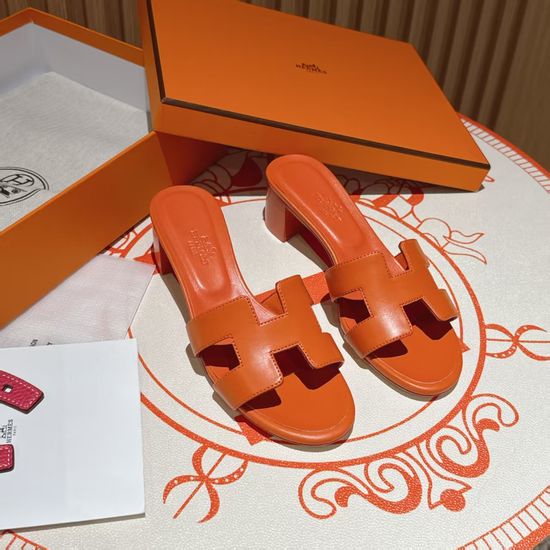 Hermes Burnt Orange Mid Heel Calfskin Leather Sandals