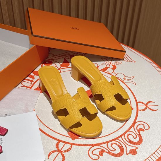 Hermes Gravel Yellow Middle Heel Calfskin Leather Sandals
