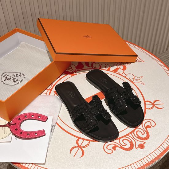 Hermes Black Diamond Flat Heel Deerskin Sandals with Dermal Outsole