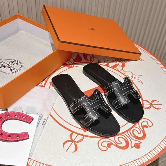 Hermes Black Leather Flat Heel Calfskin Sandals