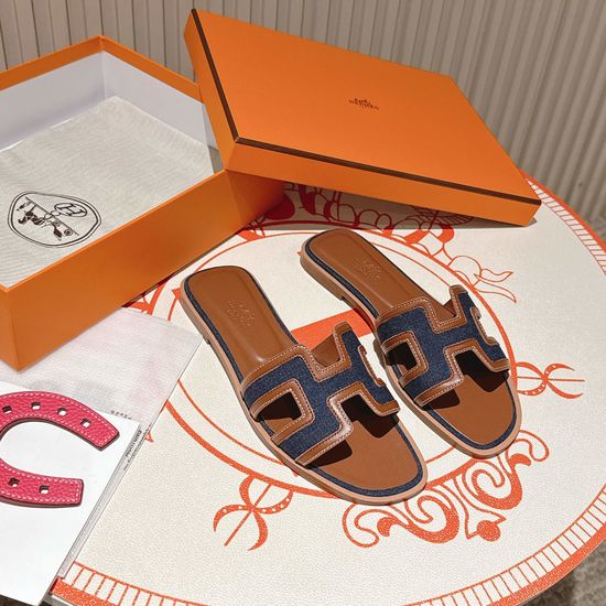 Hermes Dark Brown Denim Flat Heel Calfskin Sandals