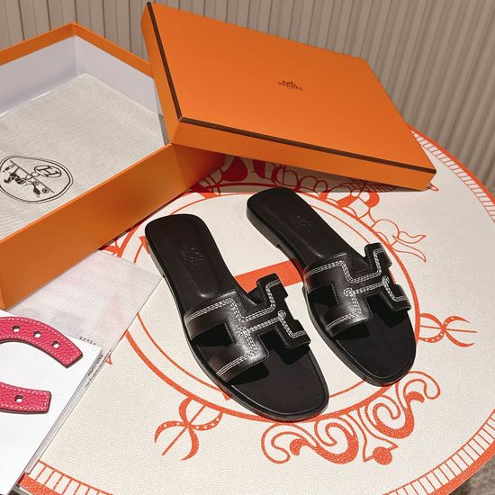 Hermes Black Embroidered Flat Heel Calfskin Sandals