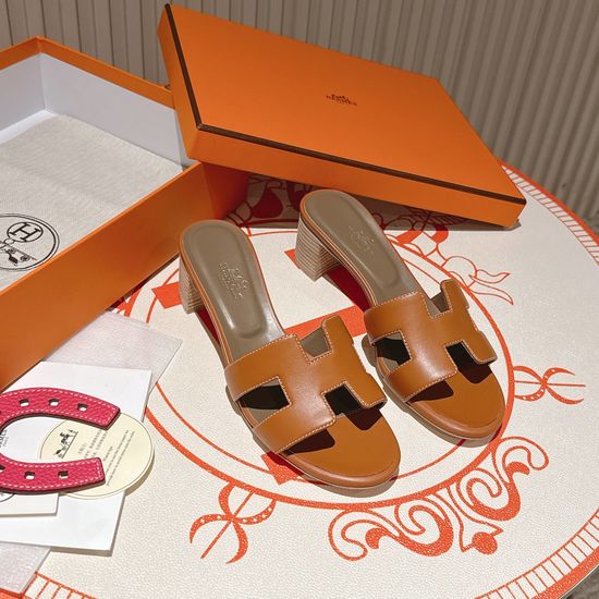 Hermes Golden Brown Middle Heel Calfskin Sandals Dermal Outsole