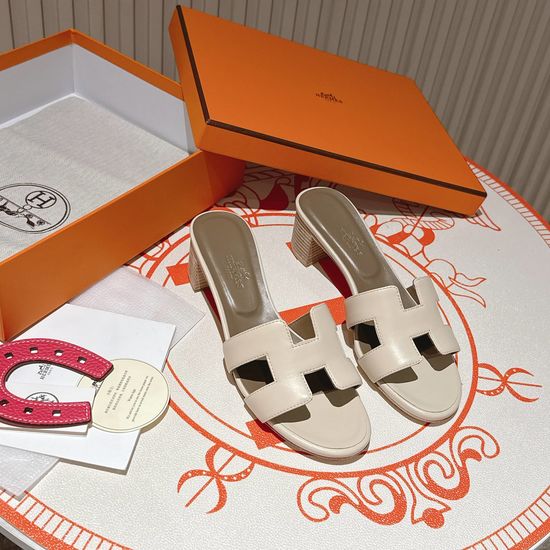 Hermes Milkshake White Middle Heel Calfskin Leather Sandals