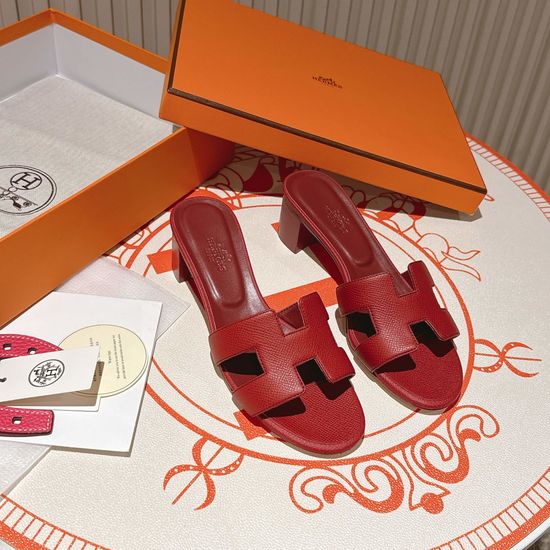 Hermes Hermes Red Middle Heel Palmprint Calfskin Leather Sandals